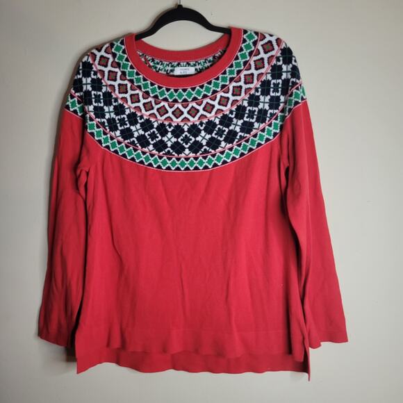 Crown & Ivy Ugly Christmas Sweater Size Large Red With Print Pattern Around Neck - Picture 1 of 4